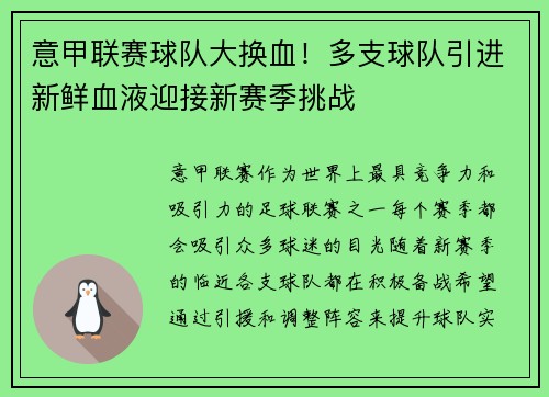 意甲联赛球队大换血！多支球队引进新鲜血液迎接新赛季挑战