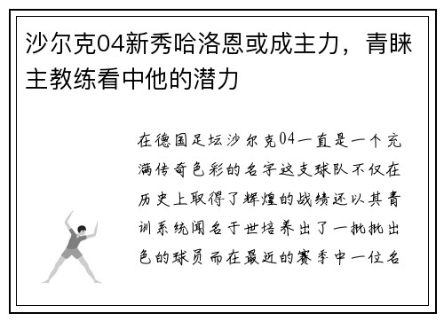 沙尔克04新秀哈洛恩或成主力，青睐主教练看中他的潜力